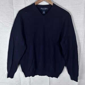Davis & Squire Mens V-Neck Sweater Medium Navy Blue 100% Extra Fine Merino Wool